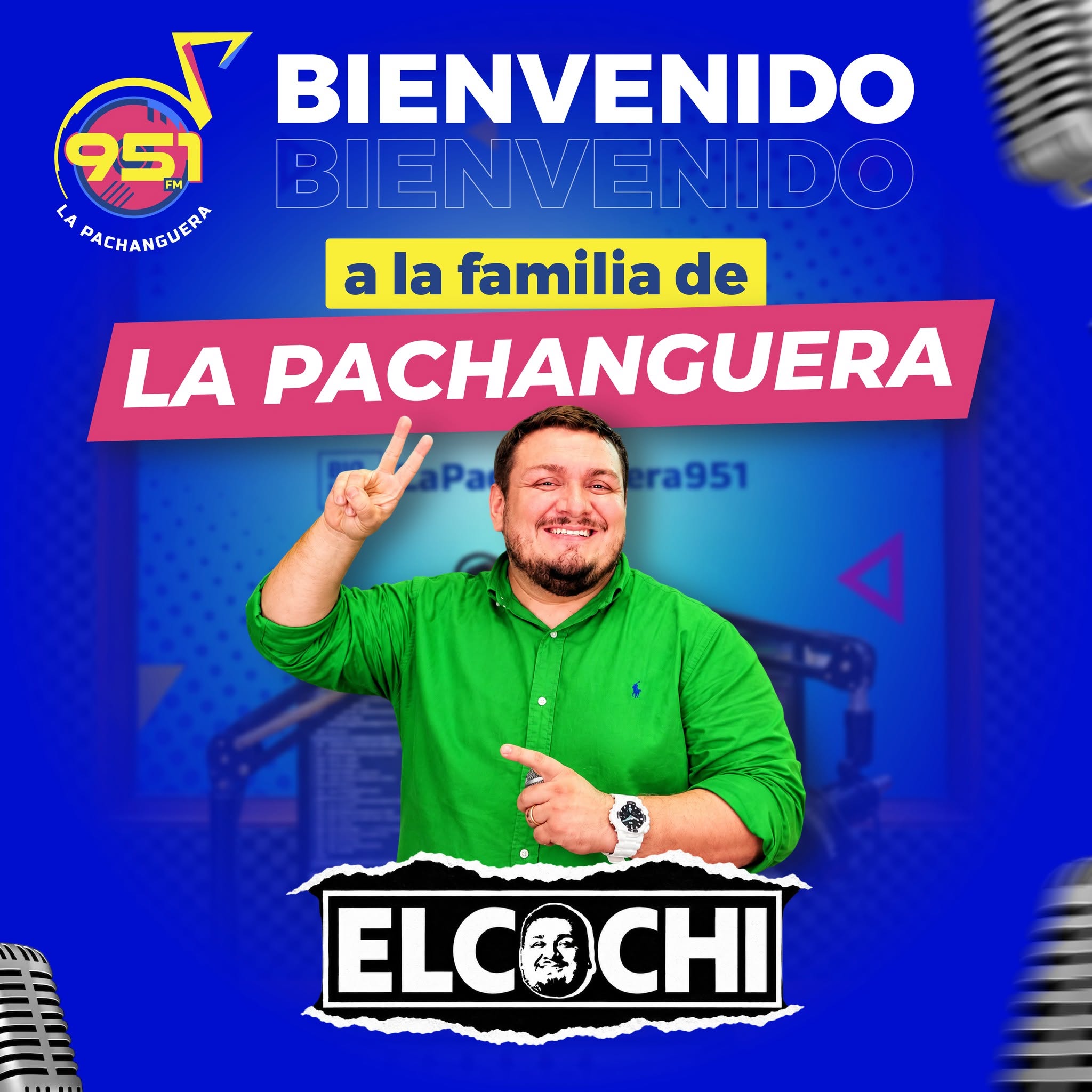 El Cochi con camisa verde, bienvenido a la familia de La Pachanguera 95.1 FM